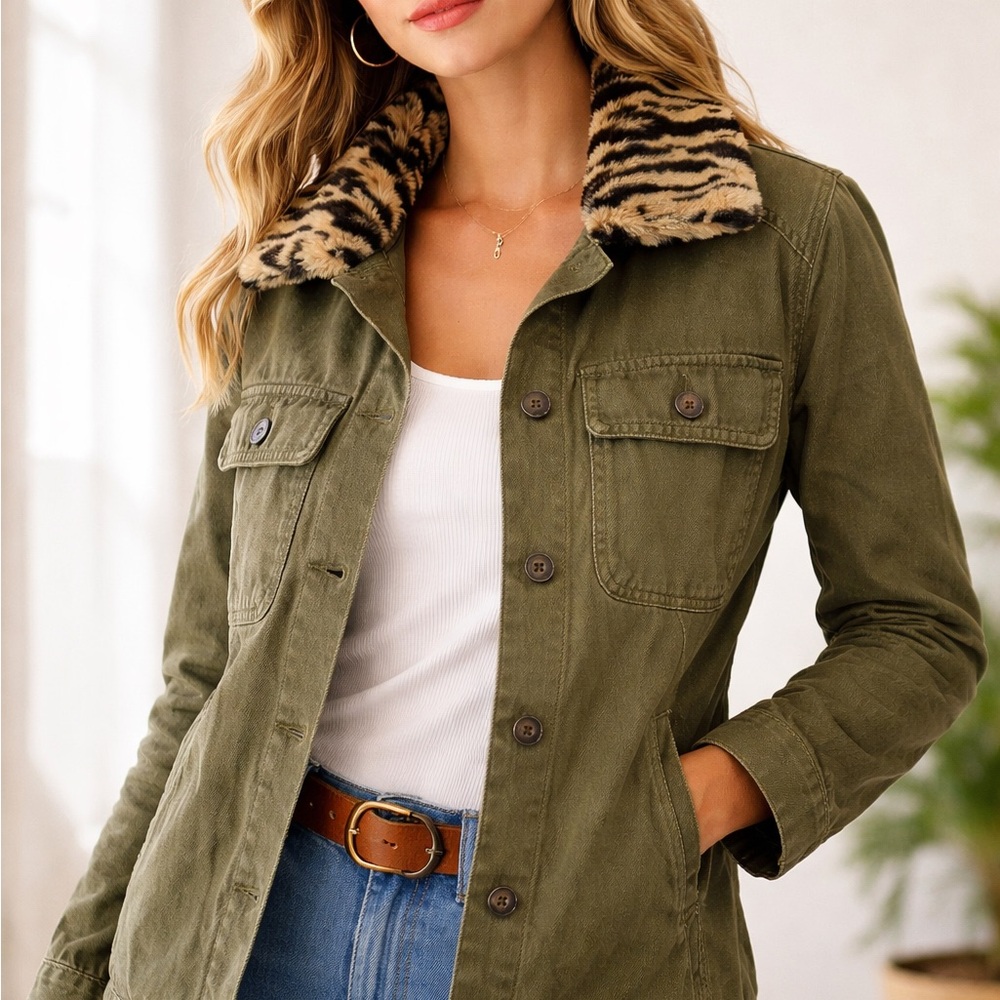 Anthropologie Khaki Utility Jacket with Animal Print Collar